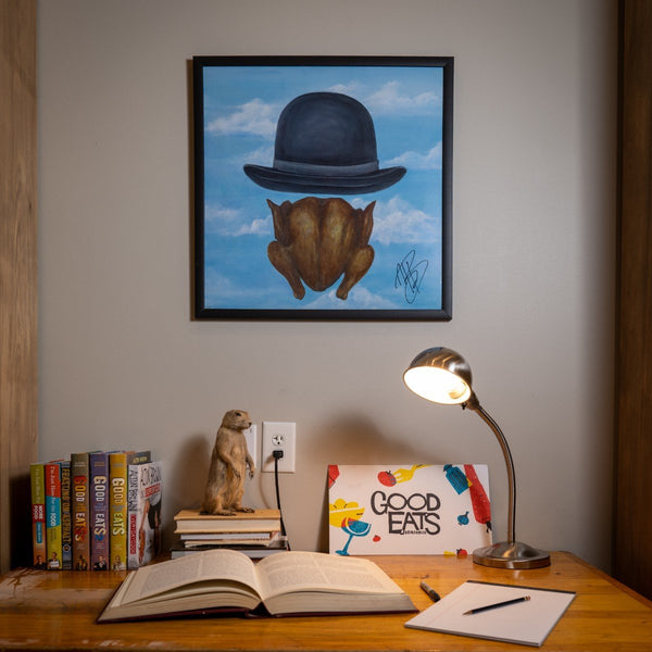 Signed Chicken with Bowler Poster from Good Eats at Desk